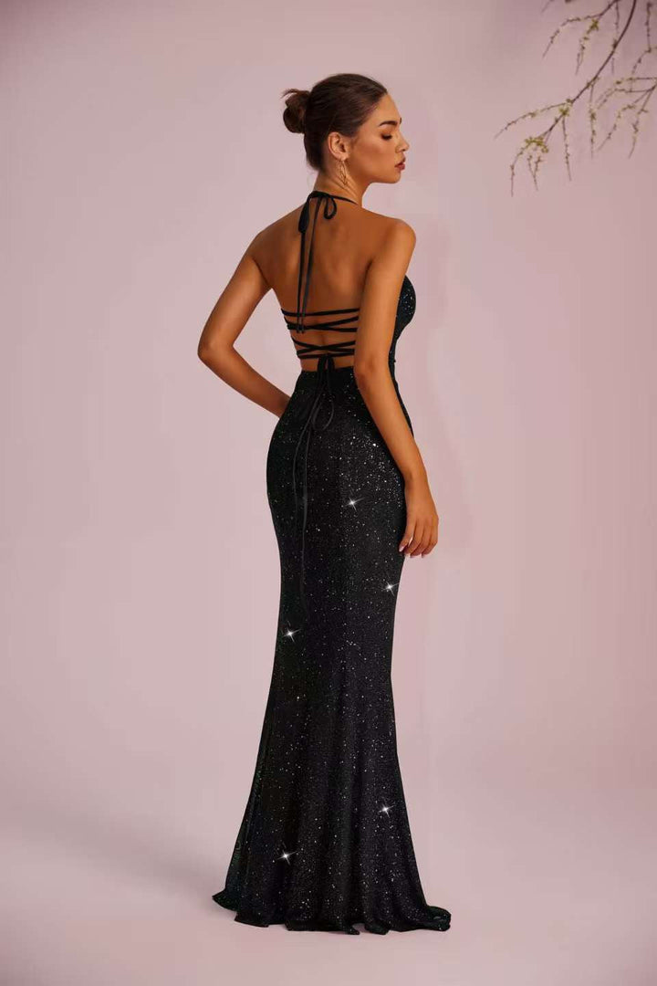 Maxi sequin dress with slit and tie at the back for waist shaping - LALI