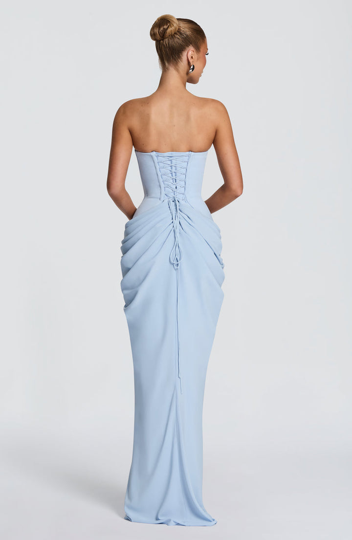 Nalia strapless maxi dress with pleats, corset design, back tie, and waist-cinching fit