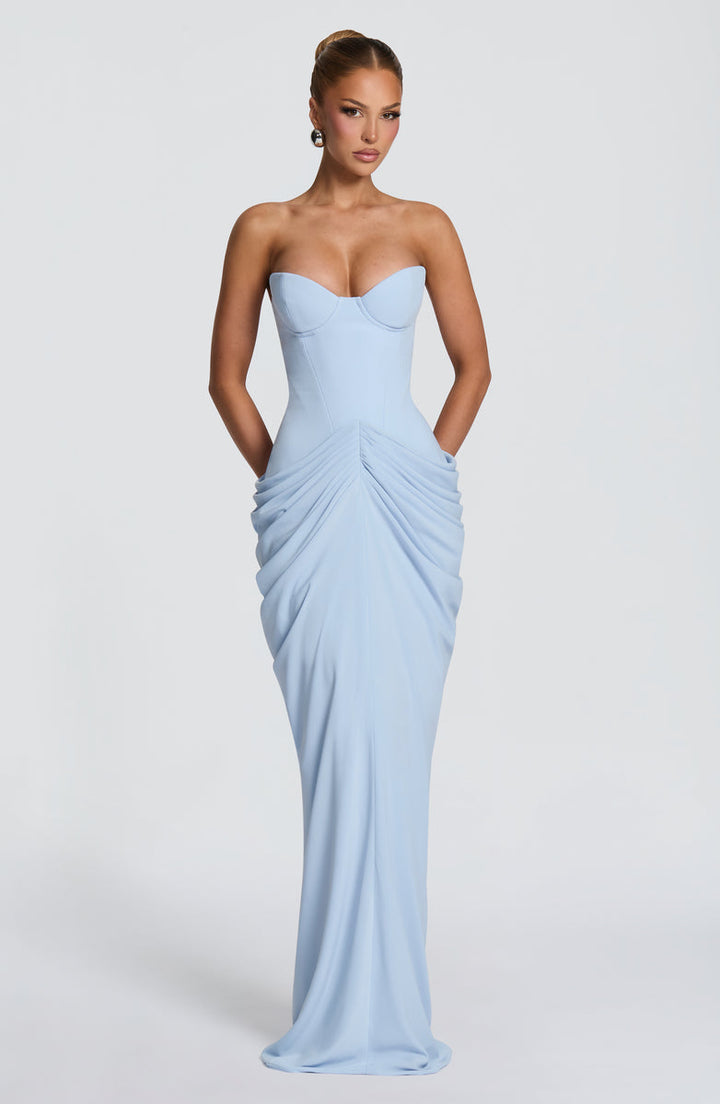 Nalia strapless maxi dress with pleats, corset design, back tie, and waist-cinching fit