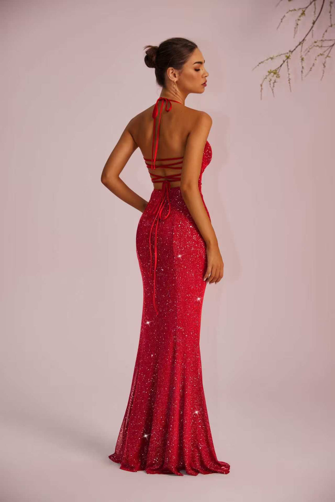 Maxi sequin dress with slit and tie at the back for waist shaping - LALI