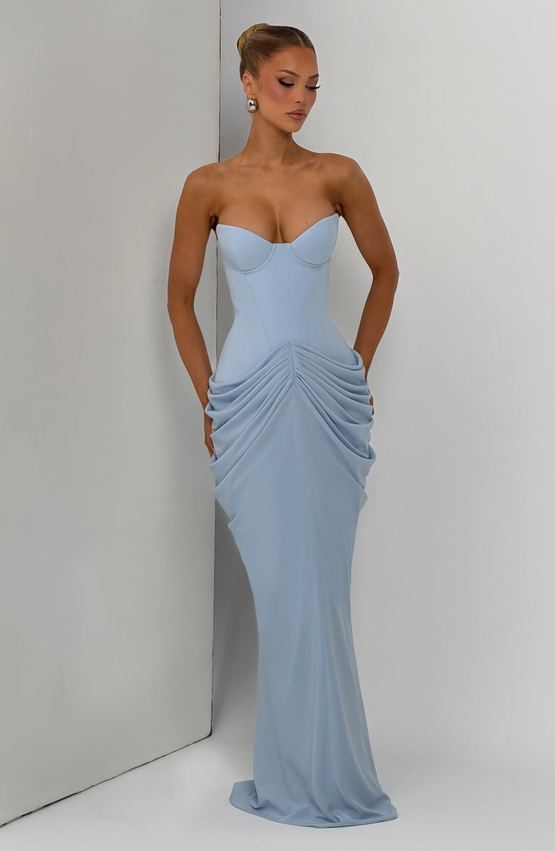 Nalia strapless maxi dress with pleats, corset design, back tie, and waist-cinching fit