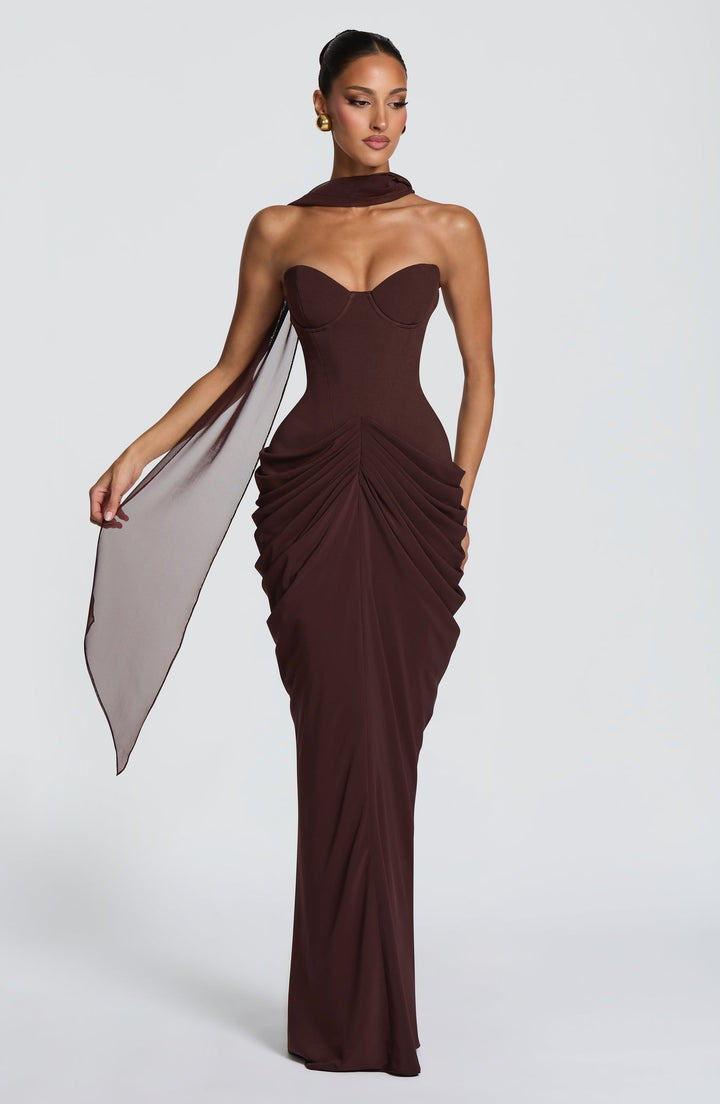 Nalia strapless maxi dress with pleats, corset design, back tie, and waist-cinching fit