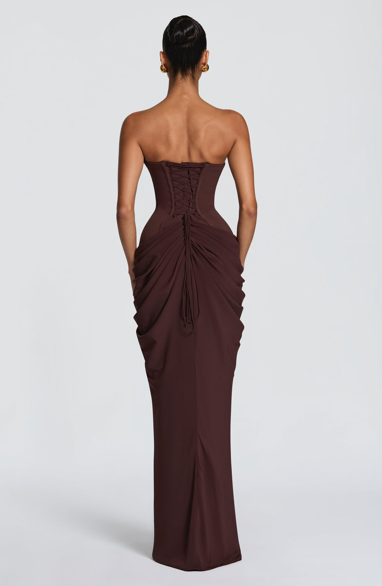 Nalia strapless maxi dress with pleats, corset design, back tie, and waist-cinching fit