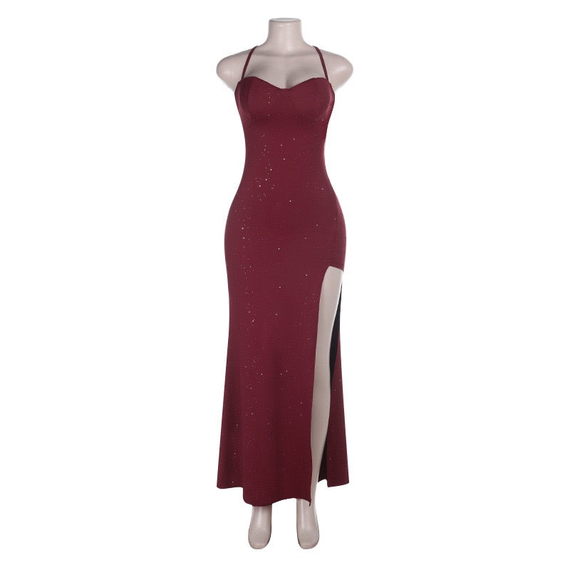 Maxi sequin dress with slit and tie at the back for waist shaping - LALI