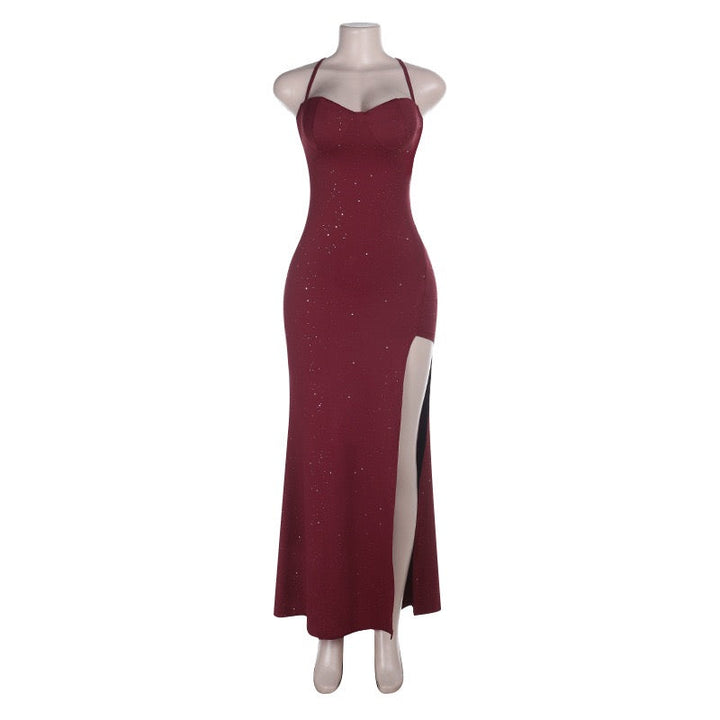 Maxi sequin dress with slit and tie at the back for waist shaping - LALI