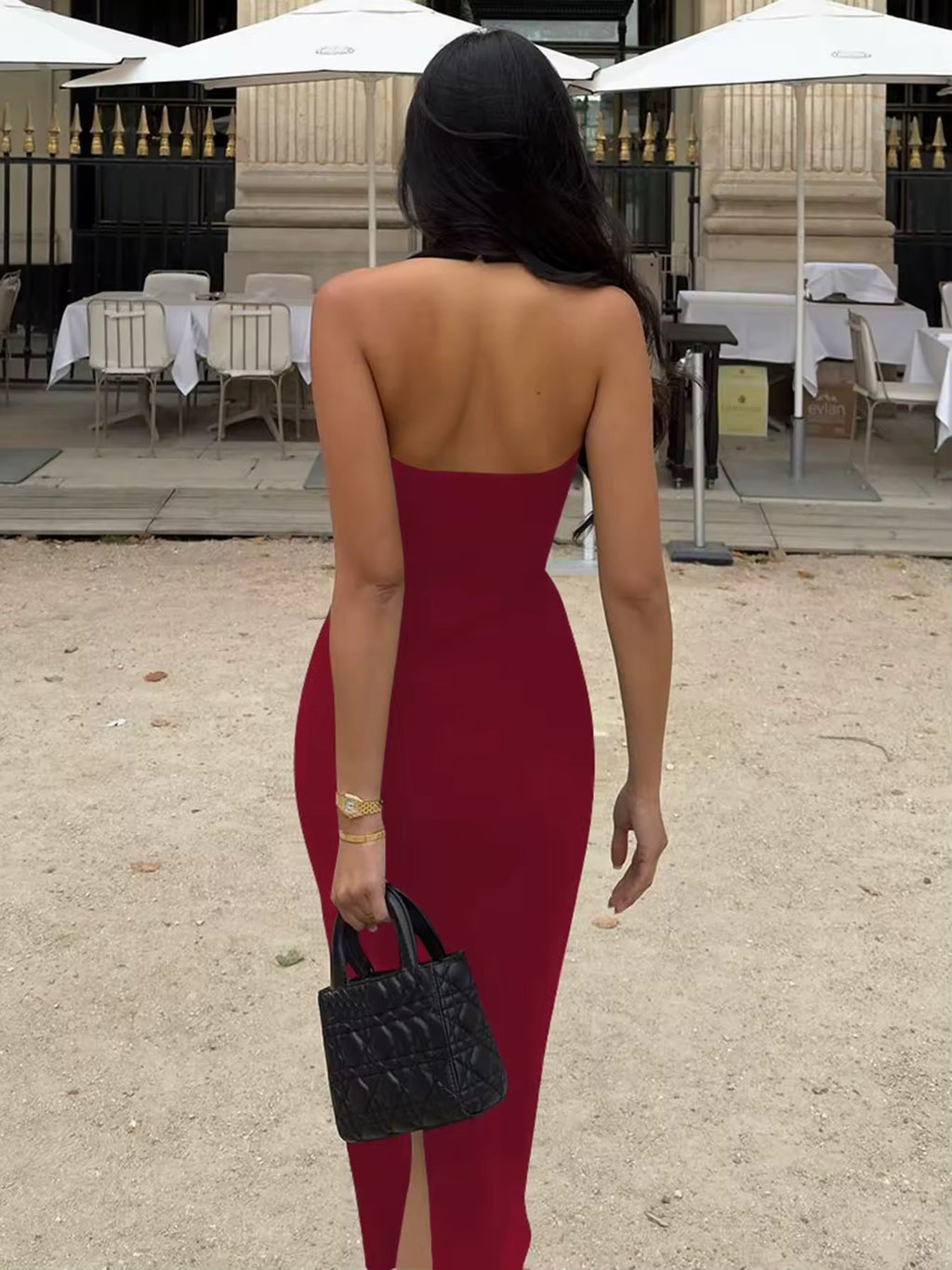 שמלת מידי צמודה בד מחטב גב פתוח - Paislee