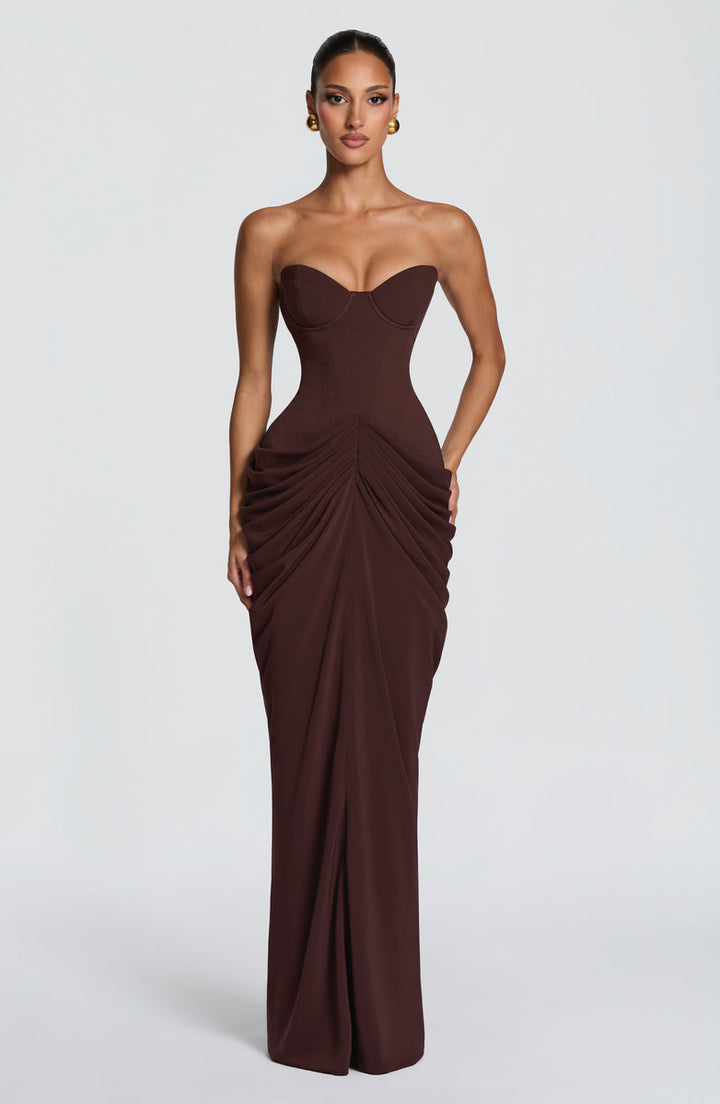 Nalia strapless maxi dress with pleats, corset design, back tie, and waist-cinching fit