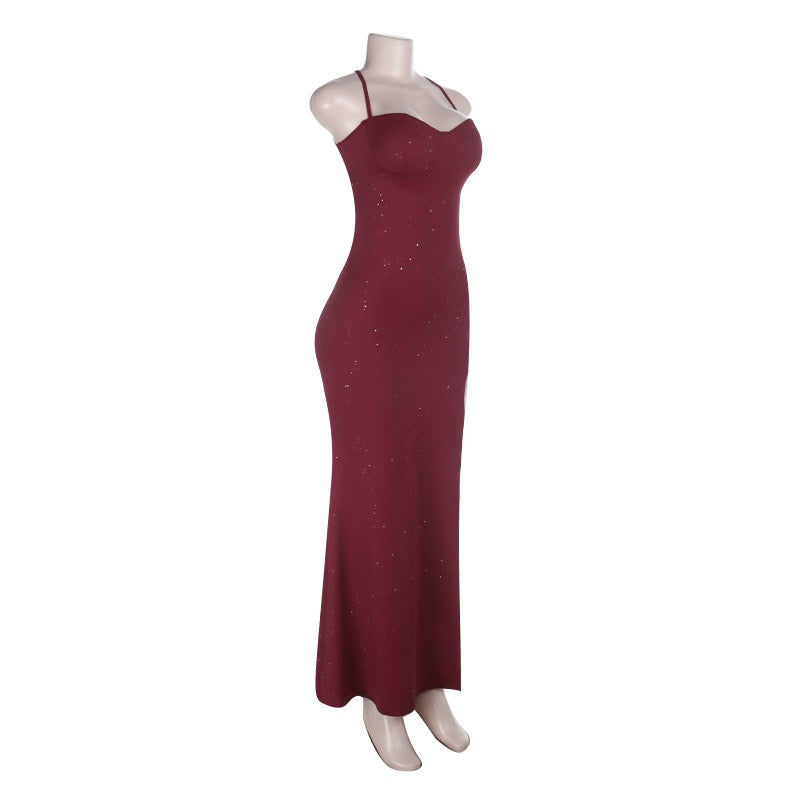 Maxi sequin dress with slit and tie at the back for waist shaping - LALI