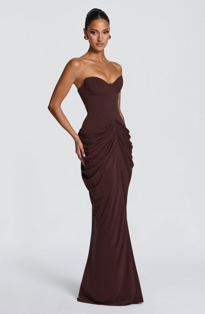 Nalia strapless maxi dress with pleats, corset design, back tie, and waist-cinching fit