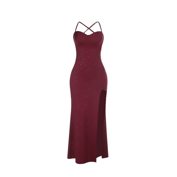 Maxi sequin dress with slit and tie at the back for waist shaping - LALI