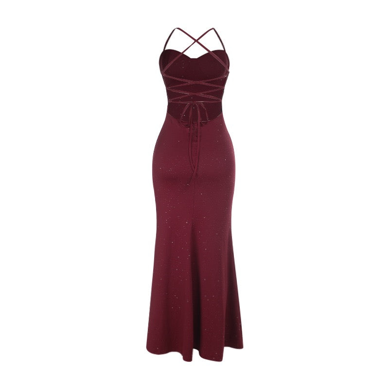 Maxi sequin dress with slit and tie at the back for waist shaping - LALI
