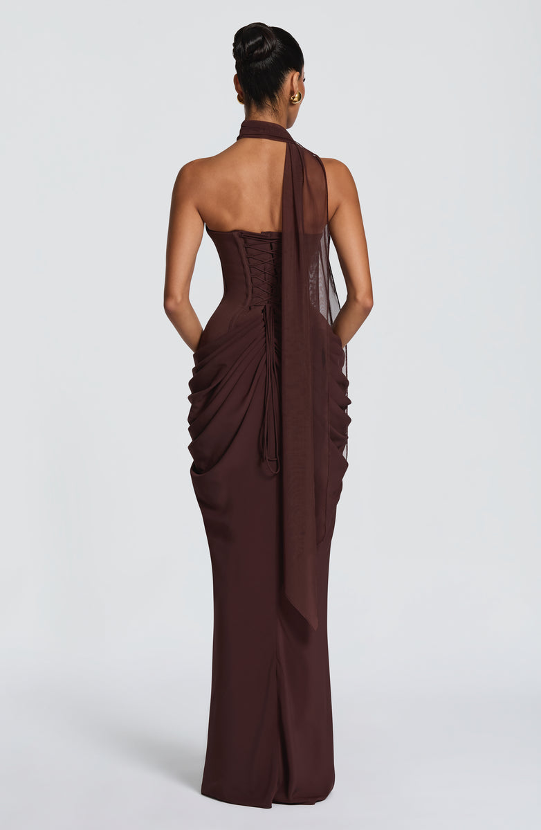Nalia strapless maxi dress with pleats, corset design, back tie, and waist-cinching fit