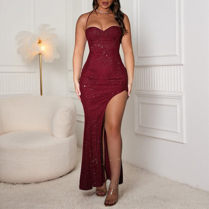 Maxi sequin dress with slit and tie at the back for waist shaping - LALI