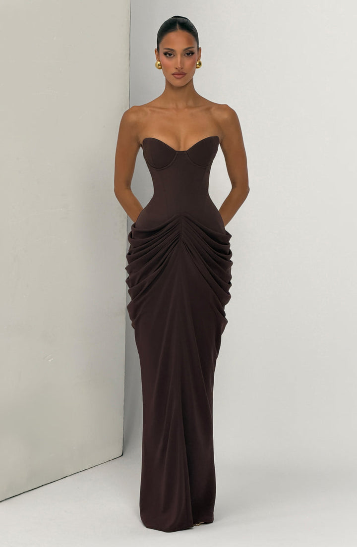 Nalia strapless maxi dress with pleats, corset design, back tie, and waist-cinching fit