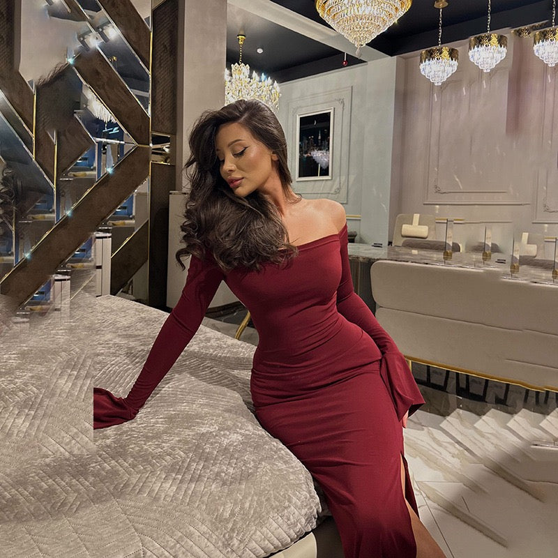 Maxi dress with slit decoration, tie at the back to narrow the waist - Marceline