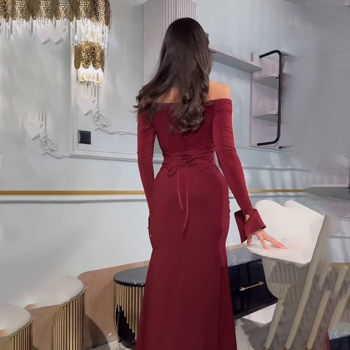 Maxi dress with slit decoration, tie at the back to narrow the waist - Marceline