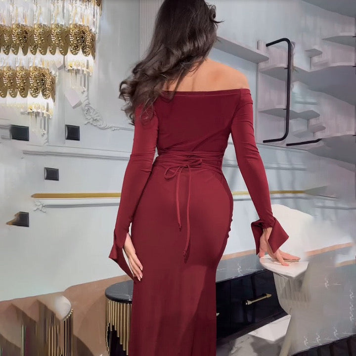 Maxi dress with slit decoration, tie at the back to narrow the waist - Marceline