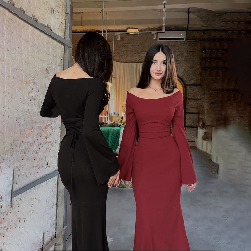 Maxi dress with slit decoration, tie at the back to narrow the waist - Marceline