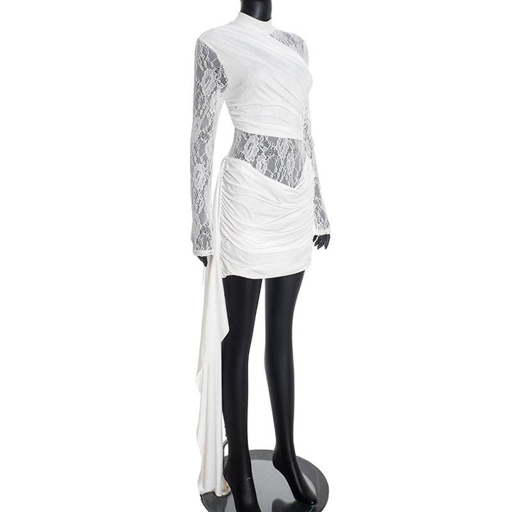 Mini dress with lace design and pleats with a trail decoration - Tzuf