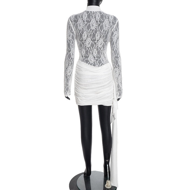 Mini dress with lace design and pleats with a trail decoration - Tzuf