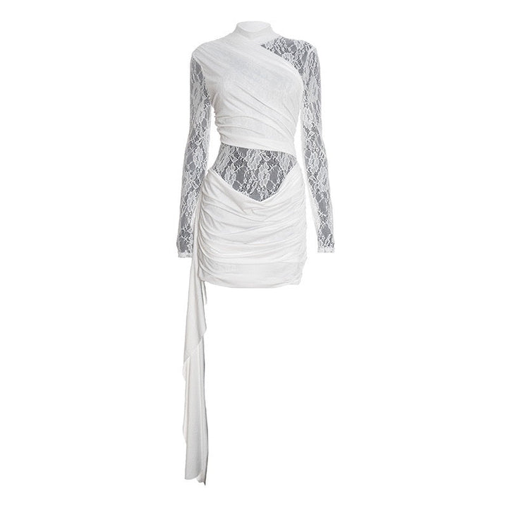 Mini dress with lace design and pleats with a trail decoration - Tzuf