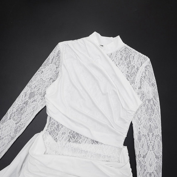 Mini dress with lace design and pleats with a trail decoration - Tzuf