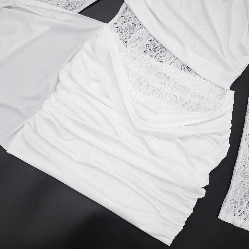 Mini dress with lace design and pleats with a trail decoration - Tzuf