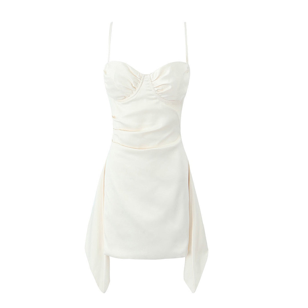 Asymmetrical satin mini dress with gathers at the chest - Almond