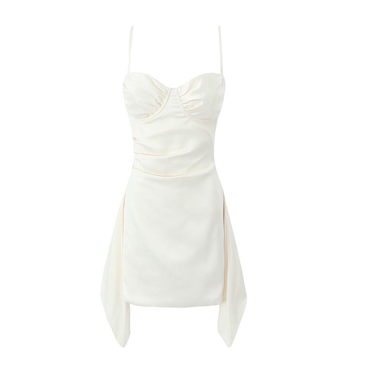 Asymmetrical satin mini dress with gathers at the chest - Almond