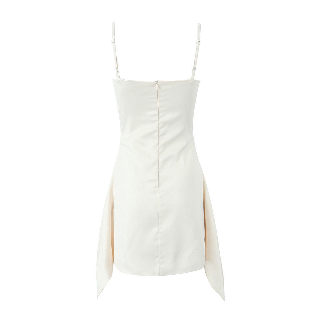 Asymmetrical satin mini dress with gathers at the chest - Almond