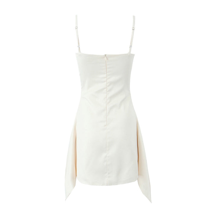 Asymmetrical satin mini dress with gathers at the chest - Almond