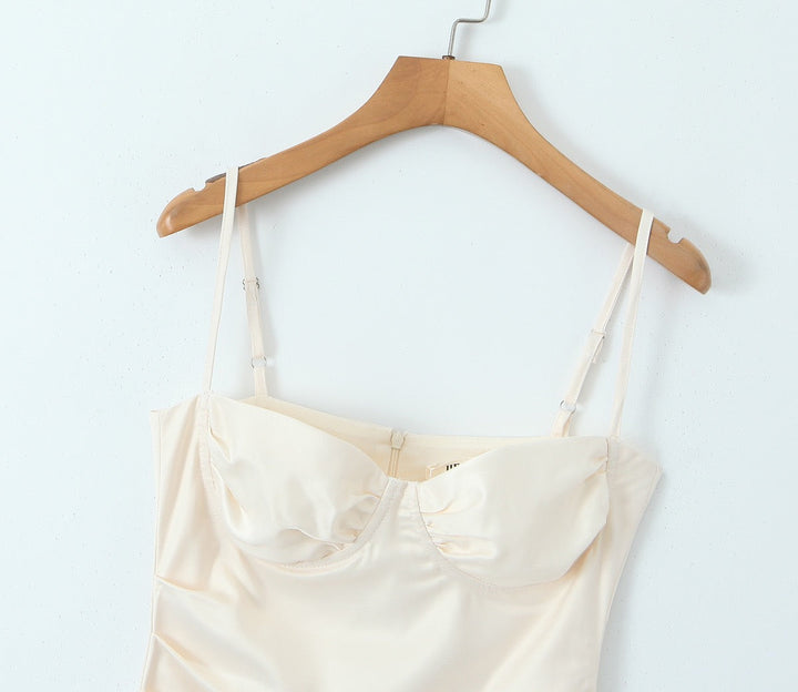 Asymmetrical satin mini dress with gathers at the chest - Almond