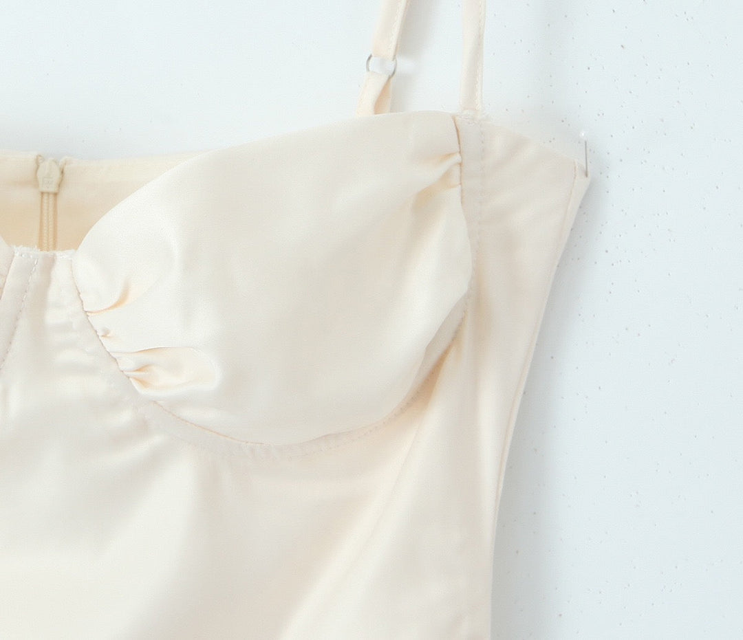 Asymmetrical satin mini dress with gathers at the chest - Almond