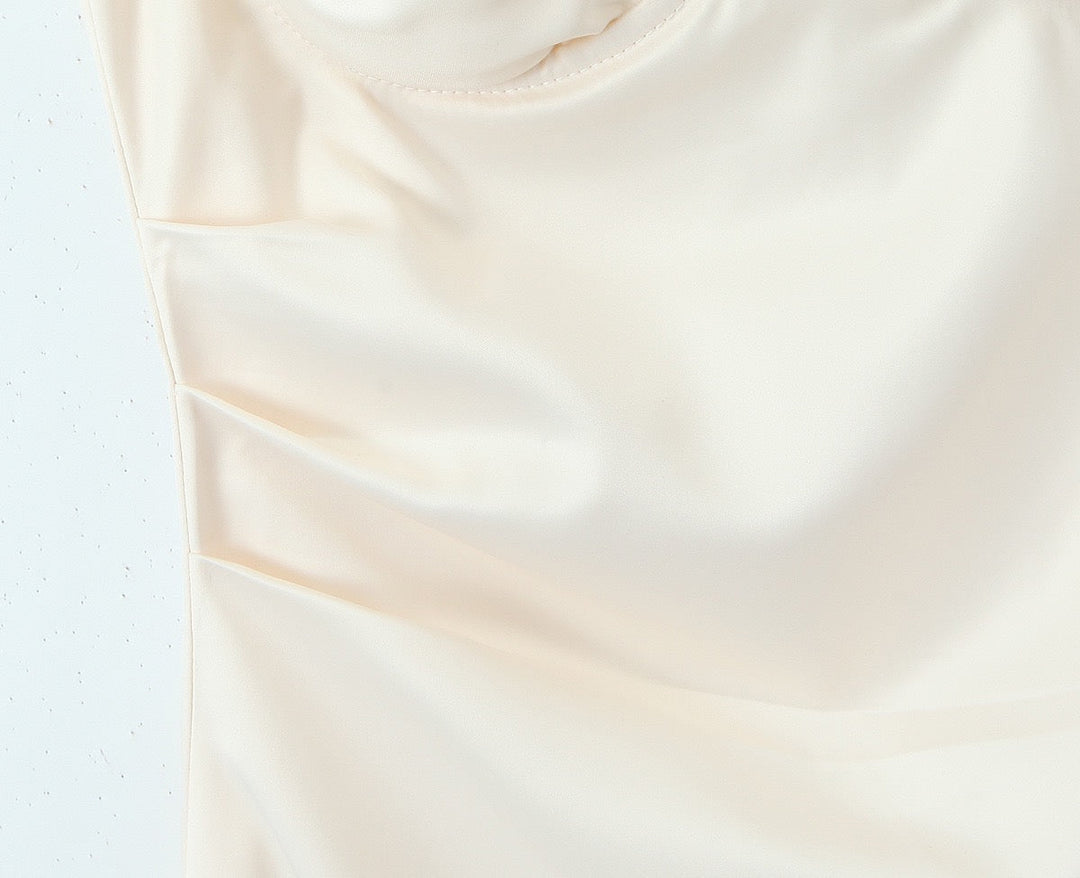 Asymmetrical satin mini dress with gathers at the chest - Almond