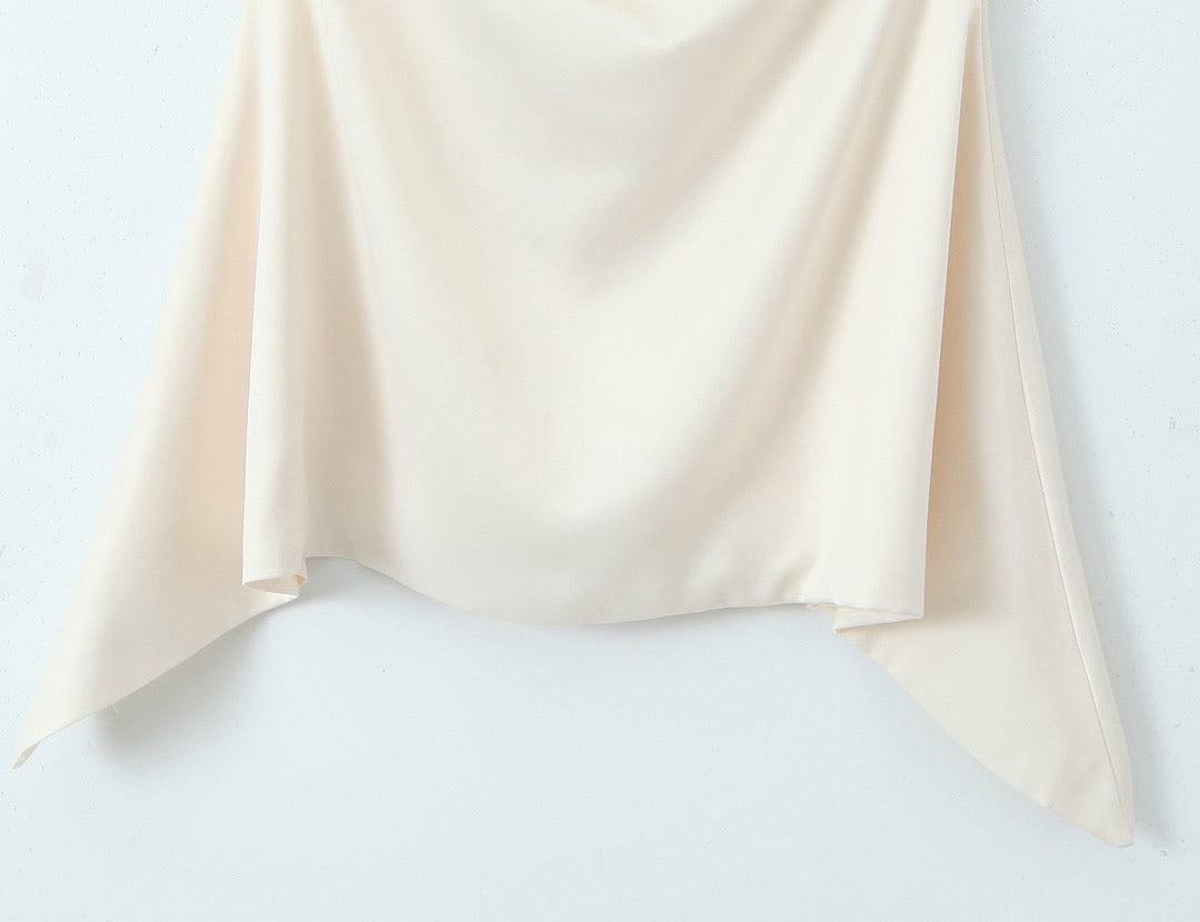 Asymmetrical satin mini dress with gathers at the chest - Almond