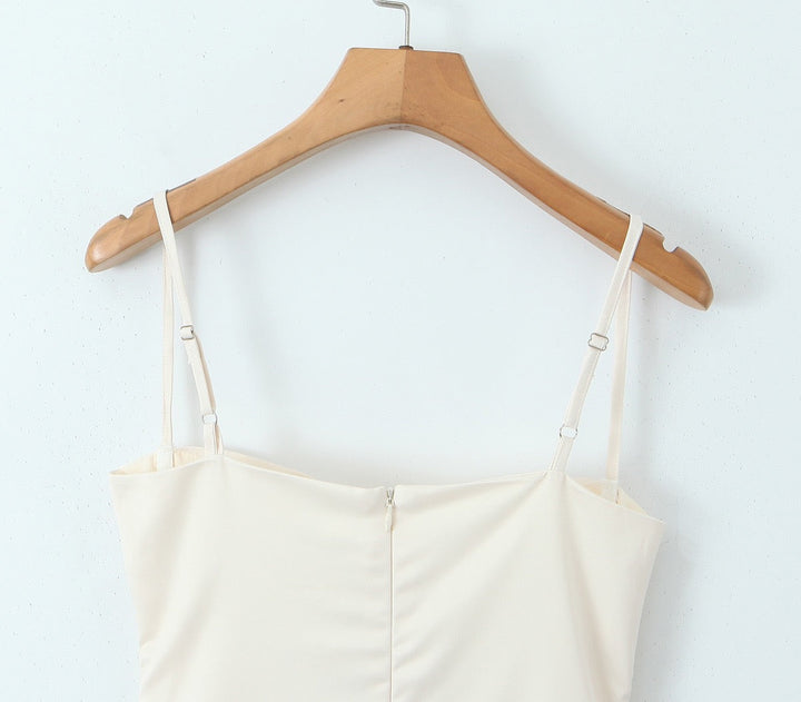 Asymmetrical satin mini dress with gathers at the chest - Almond