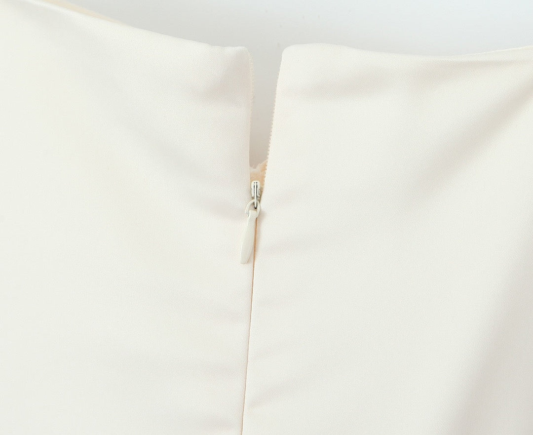 Asymmetrical satin mini dress with gathers at the chest - Almond