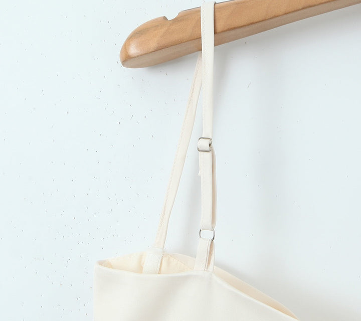 Asymmetrical satin mini dress with gathers at the chest - Almond