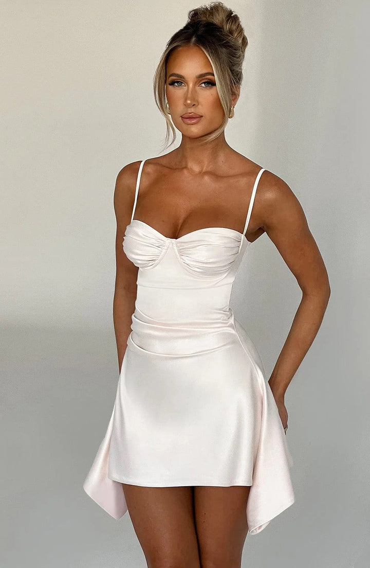 Asymmetrical satin mini dress with gathers at the chest - Almond