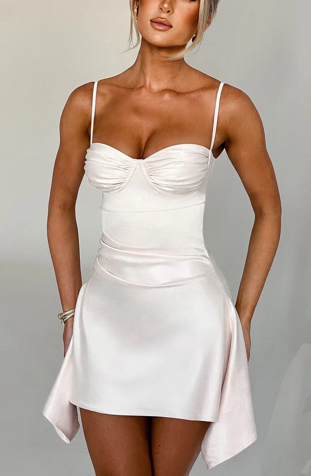 Asymmetrical satin mini dress with gathers at the chest - Almond