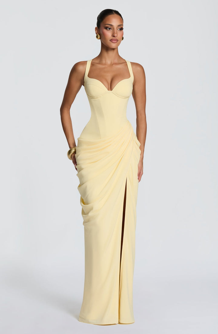 Layla maxi dress with a slit, pleats, corset design, back tie, and waist-cinching fit
