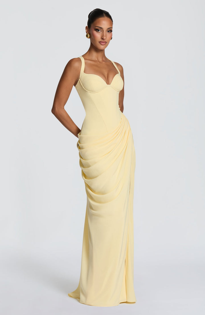 Layla maxi dress with a slit, pleats, corset design, back tie, and waist-cinching fit