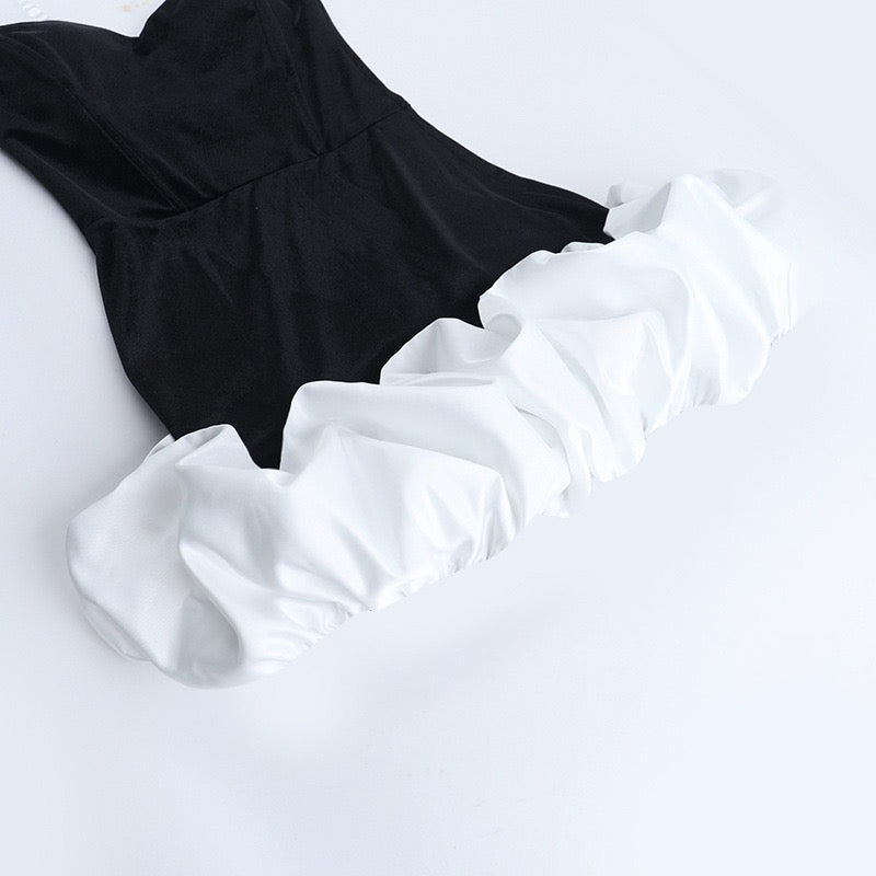 Strapless mini dress with velvet corset design and puffy balloon skirt - Lysana