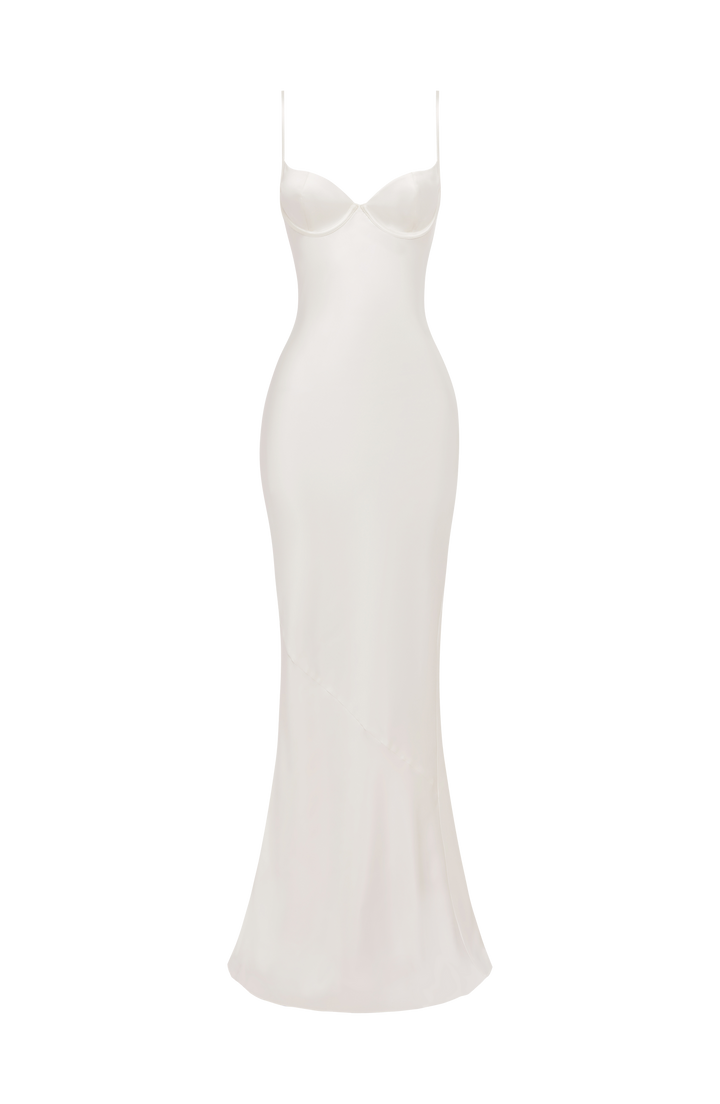 Alaia satin maxi dress with a back tie and waist-cinching design