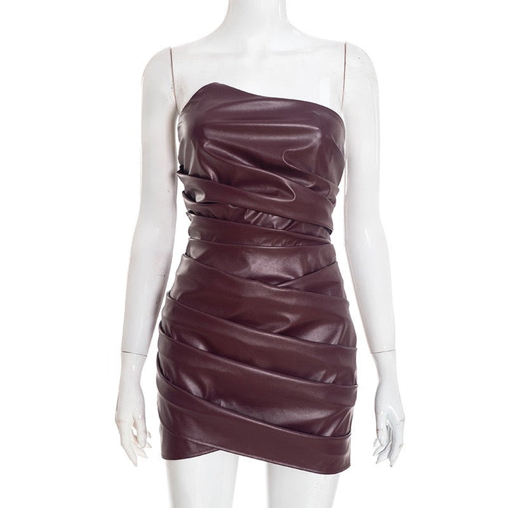 Faux leather strapless mini dress with asymmetrical design and pleats - Wiki
