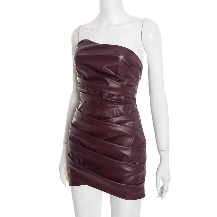 Faux leather strapless mini dress with asymmetrical design and pleats - Wiki