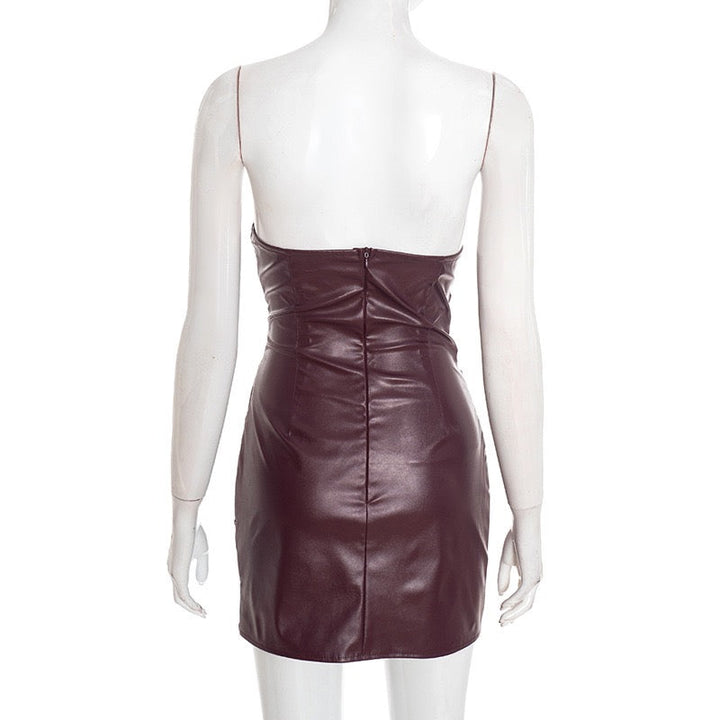 Faux leather strapless mini dress with asymmetrical design and pleats - Wiki