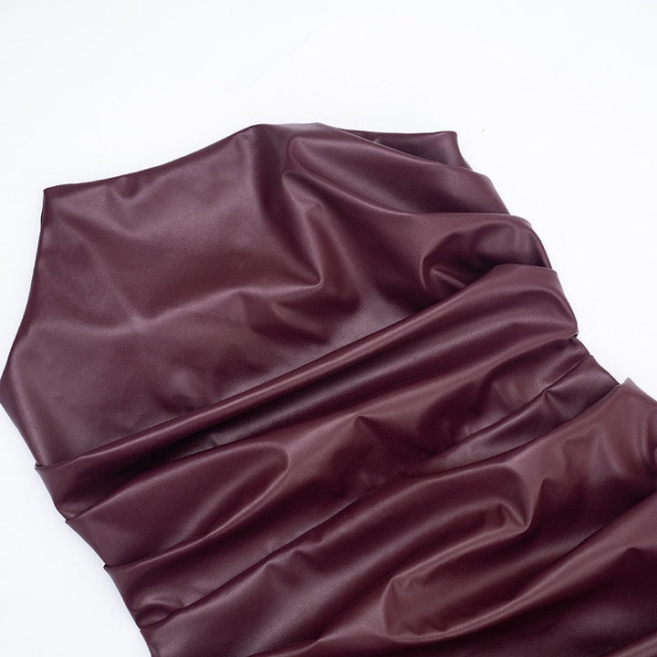 Faux leather strapless mini dress with asymmetrical design and pleats - Wiki