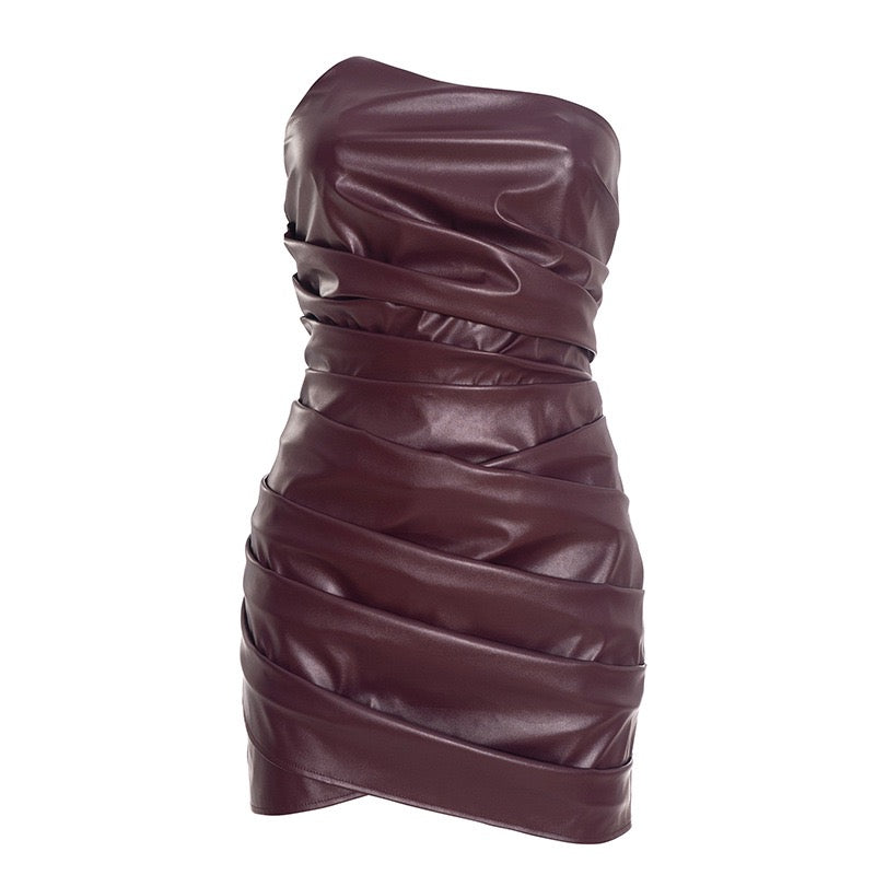 Faux leather strapless mini dress with asymmetrical design and pleats - Wiki