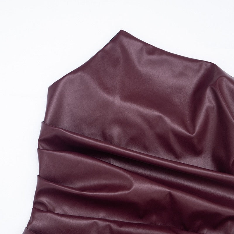 Faux leather strapless mini dress with asymmetrical design and pleats - Wiki